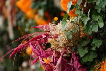 decoration. wall decorated with flowers at the entrance to a flower shop.
