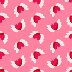 Fototapeta na wymiar Seamless pattern with red hearts and wings on a pink background. Vector endless texture for Valentine's Day