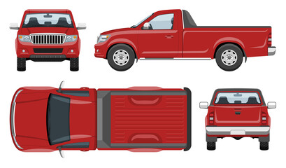 Red pickup truck vector template with simple colors without gradients and effects. View from side, front, back, and top - obrazy, fototapety, plakaty