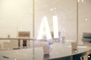 Abstract virtual artificial Intelligence symbol hologram on a modern conference room background. Multiexposure