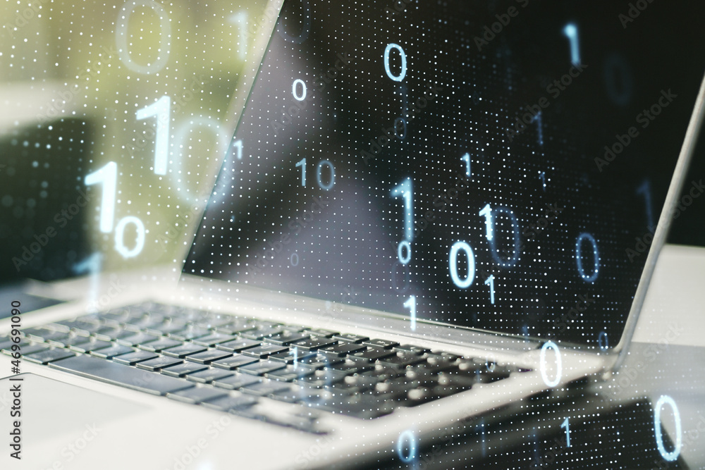 Aufkleber creative abstract binary code sketch on modern laptop background, hacking and matrix concept. multie