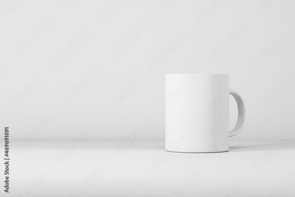 Poster blank white mug or cup on light background with mock up place for your advertisement. 3d rendering.