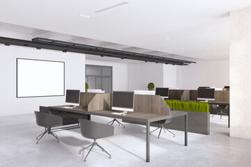 Modern concrete coworking office interior with empty white mock up poster, furniture, computer monitors and daylight. Workplace, design and room concept. 3D Rendering.