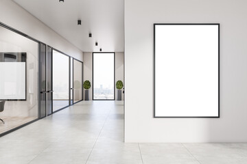 Modern concrete and wooden office interior corridor with empty white mock up poster on wall, glass partition and furniture, daylight, window with city view. Workplace concept. 3D Rendering.