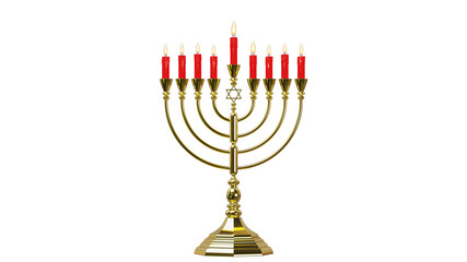 Hebrew Menorah of Hanukkah with burning red candles symbol for Jewish holiday. On white background. 3D render.