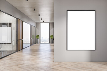 Modern concrete and wooden office interior corridor with empty white mock up billboard on wall, glass partition and furniture, daylight, window with city view. Workplace concept. 3D Rendering.
