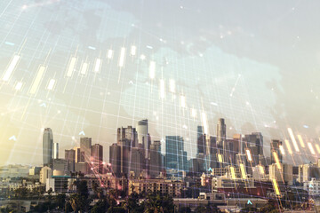 Multi exposure of abstract financial diagram and world map on Los Angeles office buildings background, banking and accounting concept