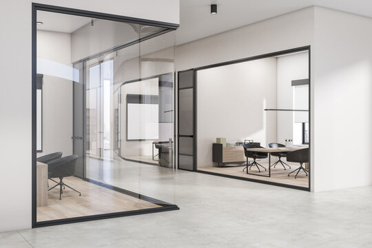 Modern concrete and wooden office interior corridor with glass partition and furniture, daylight, window with city view. Workplace concept. 3D Rendering.