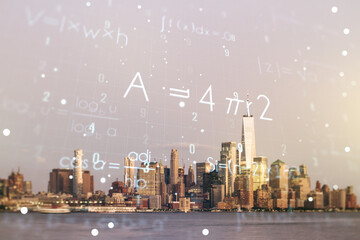Double exposure of scientific formula hologram on New York city skyscrapers background, research...