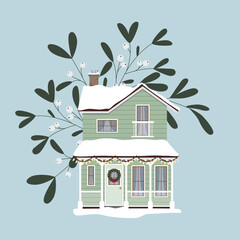 Zimowy domek, śnieg i jemioła. Dom ozdobiony na Święta Bożego Narodzenia i Nowy Rok. Nowoczesny zielony rodzinny dom ze spadzistym dachem, oknami, drzwiami i białymi poręczami. Urocza chatka. - obrazy, fototapety, plakaty