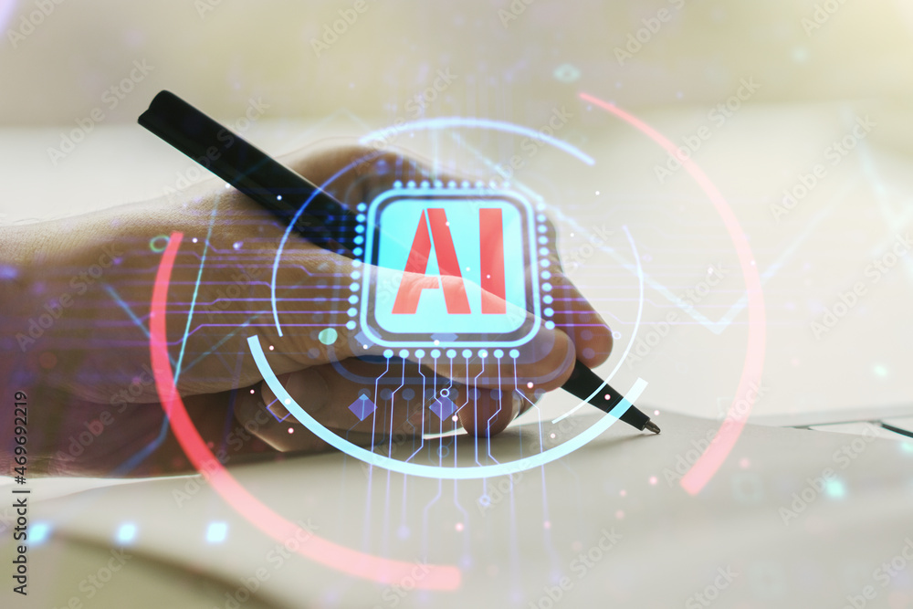 Poster double exposure of creative artificial intelligence abbreviation with man hand writing in notepad on