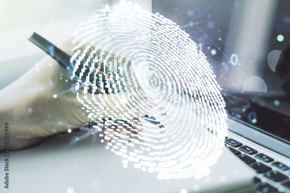 Poster multi exposure of abstract creative fingerprint illustration with hand writing in notebook on backgr