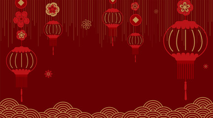 Happy Chinese new year 2022 vector background. Greeting banner with zodiac symbol, lantern, cloud, flowers, texture effect on dark red backdrop. Pattern in simple flat line style