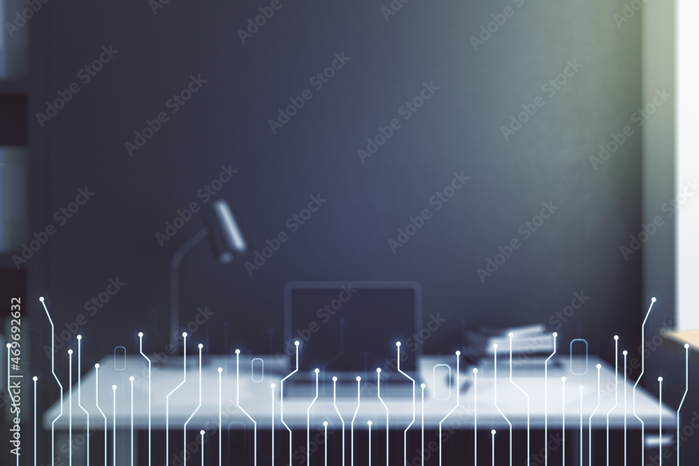 Poster Creative abstract micro chip hologram and modern desktop with pc on background, artificial intelligence and machine learning concept. Multi exposure