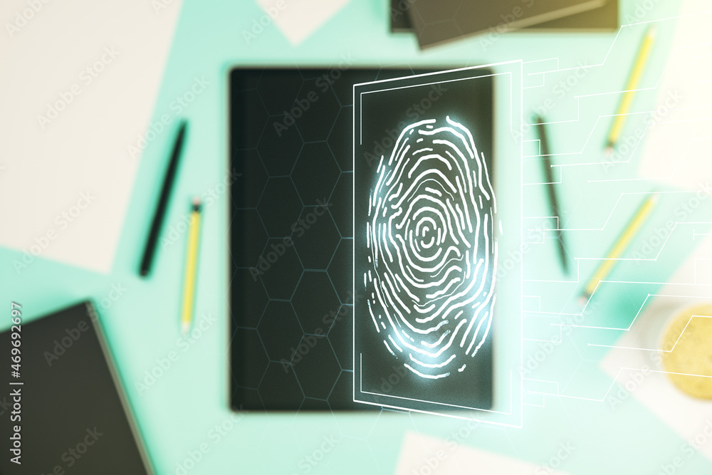Poster multi exposure of abstract fingerprint scan interface and modern digital tablet on background, digit