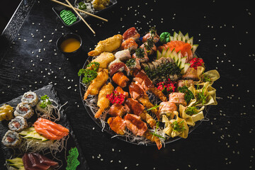 Fototapeta na wymiar Perfect Sushi Japanese Asian Seafood Food Dish Drink Cocktail Dessert Menu Gourmet Restaurant Chef on Dark Background