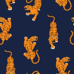 Chinese tigers pattern on navy background. - 469692811