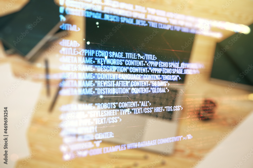 Aufkleber multi exposure of abstract programming language hologram on computer background, artificial intellig