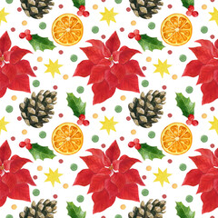 Hand painted watercolor seamless pattern Christmas Magic..