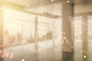 Multi exposure of abstract statistics data hologram interface on abstract empty interior background, computing and analytics concept