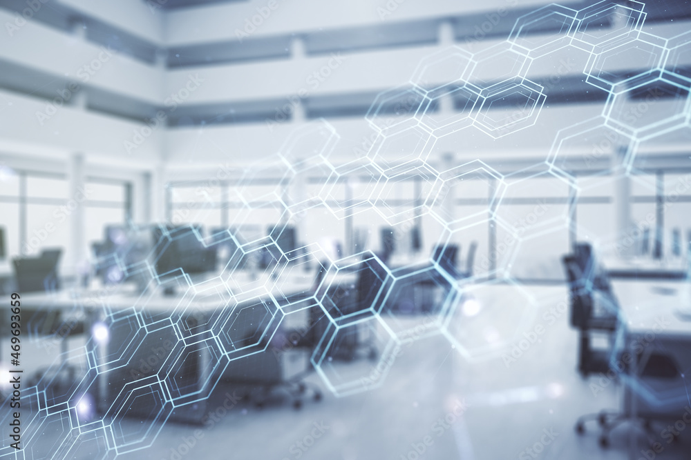 Aufkleber abstract virtual wireless technology hologram with hexagon on a modern furnished office background. 