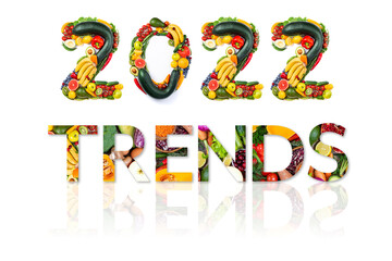 New Year 2022 made of vegetables and fruits on white background. Number 2022 made of healthy food. 2022 resolutions, trends, clean eating, healthy food concept