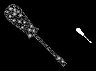 Glossy polygonal mesh web screwdriver icon with glow effect on a black background. Network screwdriver iconic vector with glowing points in bright colors.