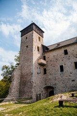 Fototapeta na wymiar Litice nad Orlici, Eastern Bohemia, Czech Republic, 11 September 2021: Ruins of medieval castle on hill, old stronghold with stone tower, ancient gothic fortress, sunny day, landmark in countryside