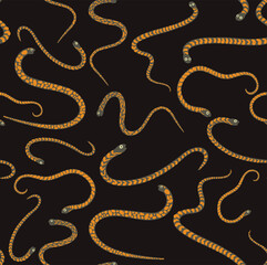 Cute and trendy vector seamless pattern with hand drawn snakes. Animalistic ornament for printing on fabrics and paper