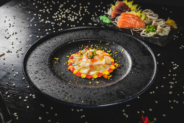 Fototapeta na wymiar Perfect Sushi Japanese Asian Seafood Food Dish Drink Cocktail Menu Gourmet Restaurant Chef on Dark Background