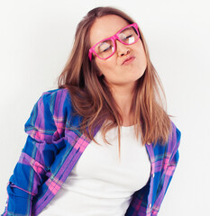 young pretty brunette real girl hipster on white background casual close up dreaming isolated smiling