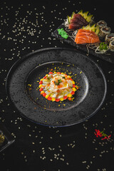 Naklejka na ściany i meble Perfect Sushi Japanese Asian Seafood Food Dish Drink Cocktail Menu Gourmet Restaurant Chef on Dark Background