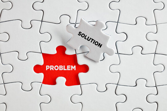Problem and solution words on the missing puzzle pieces. To find a solution for a problem