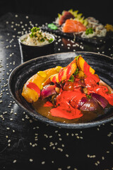 Perfect Sushi Japanese Asian Seafood Food Dish Drink Cocktail Dessert Menu Gourmet Restaurant Chef on Dark Background