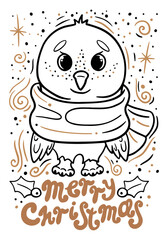 Doodle owl with Christmas elements in vector. It’s idea for design of cards, background, pattern, set or childrens illustration.