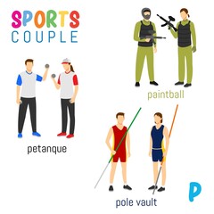Sports Couple  alphabet in vector with P letter. illustration cartoon sports. Alphabet design in a colorful style.