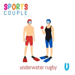 Fototapeta na wymiar Sports Couple alphabet in vector with U letter. illustration cartoon sports. Alphabet design in a colorful style.