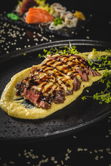 Perfect Sushi Japanese Asian Seafood Food Dish Drink Cocktail Menu Gourmet Restaurant Chef on Dark Background