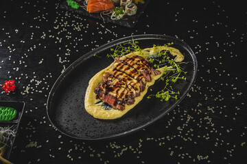 Perfect Sushi Japanese Asian Seafood Food Dish Drink Cocktail Dessert Menu Gourmet Restaurant Chef on Dark Background