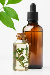 Essential oil in a small bottle with green leaf on white background