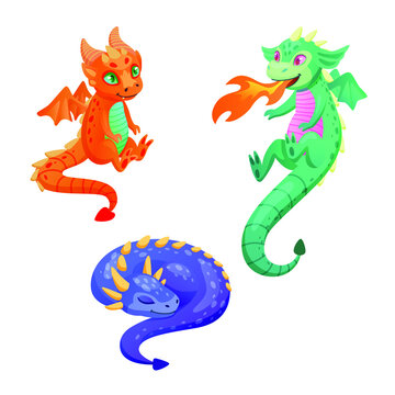 Cute dragon characters, dragon sleeps, dragon spews fire, cartoon dragon characters. Isolated on a white background. Vector cartoon illustration