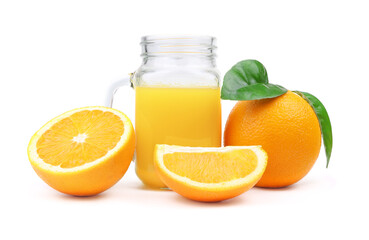 Orange juice in a glass isolated on a white background. Slice of orange fruit and green leaves. Orange juice in a jar