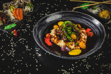 Perfect Sushi Japanese Asian Seafood Food Dish Drink Cocktail Menu Gourmet Restaurant Chef on Dark Background