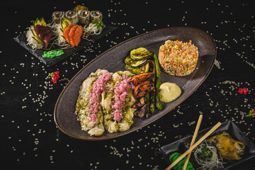 Perfect Sushi Japanese Asian Seafood Food Dish Drink Cocktail Dessert Menu Gourmet Restaurant Chef on Dark Background