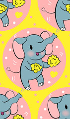 Seamless pattern with cute elephants in kawaii style. Vector