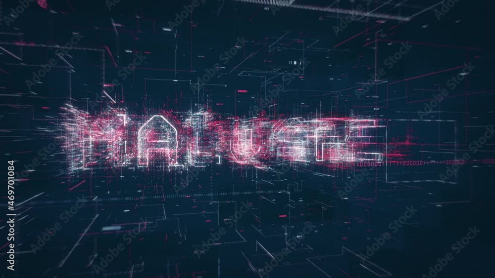 Poster Malware title key word build up animation on a binary code digital network background