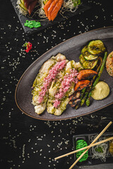 Perfect Sushi Japanese Asian Seafood Food Dish Drink Cocktail Menu Gourmet Restaurant Chef on Dark Background