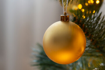 golden ball on christmas tree, christmas decorations, lights