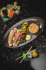 Perfect Sushi Japanese Asian Seafood Food Dish Drink Cocktail Dessert Menu Gourmet Restaurant Chef on Dark Background