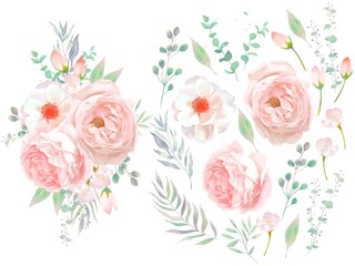 優しい色使いのピンク系のバラの花とリーフと花束のベクターイラスト素材